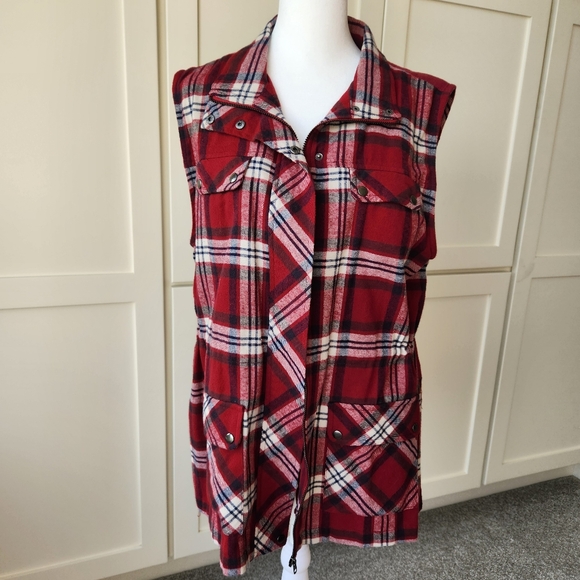 Blu Pepper Red Plaid Vest Full Zip Embroidered Sleeveless Southwestern Large - Picture 3 of 16